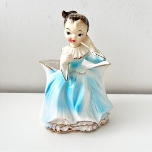Vintage Kawaii Big Eye Girl Planter Vase Blue Gown Gold Enamel, Made in Japan